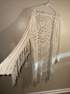 Mummy Mellow M Crochet Fringe Open Cardigan - Cream
